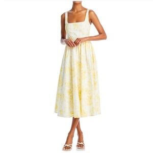 WAYF Desi Corset Midi Dress Small White Yellow Floral Lace Trim Milkmaid Size S